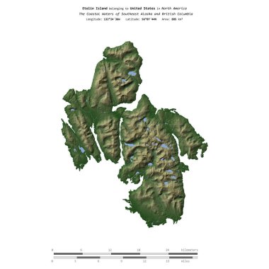 Güneydoğu Alaska ve Britanya Kolumbiyası 'nın Sahil Suları' ndaki Etolin Adası, Amerika Birleşik Devletleri 'ne ait renkli bir yükseklik haritasında izole edilmiştir.