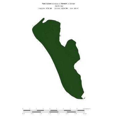 Danimarka 'ya ait Kuzey Denizi' ndeki hayran adası, uzaklık ölçeğine sahip renkli bir yükseklik haritasında izole edilmiş.
