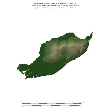 Güneydoğu Alaska ve Britanya Kolumbiyası 'nın Sahil Suları' ndaki Farm Adası, Amerika Birleşik Devletleri 'ne ait, renkli bir yükseklik haritasında izole edilmiş,