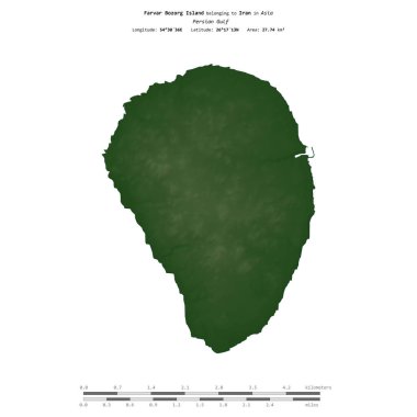 İran Körfezi 'ndeki Farvar Bozorg Adası, uzaklık ölçeğinde, renkli bir yükseklik haritasında izole edilmiştir.