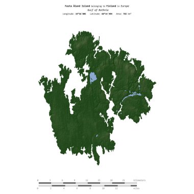 Finlandiya 'ya ait Bothnia Körfezi' ndeki Fasta Aland Adası, uzaklık ölçeğine sahip renkli bir yükseklik haritasında izole edilmiştir.
