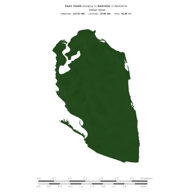 Avustralya 'ya ait Hint Okyanusu' ndaki Faure Adası, uzaklık ölçeğiyle renkli bir yükseklik haritasında izole edilmiştir.