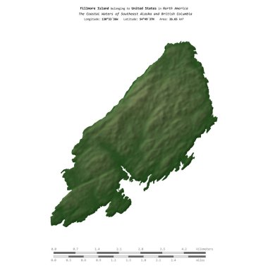 Güneydoğu Alaska ve Britanya Kolumbiyası 'nın Sahil Suları' ndaki Fillmore Adası, Amerika Birleşik Devletleri 'ne ait, renkli bir yükseklik haritasında izole edilmiş,