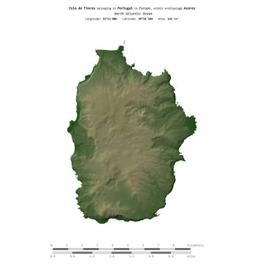 Portekiz 'e ait Kuzey Atlantik Okyanusu' ndaki Flores Adası, uzaklık ölçeğine sahip renkli bir yükseklik haritasında izole edilmiştir.