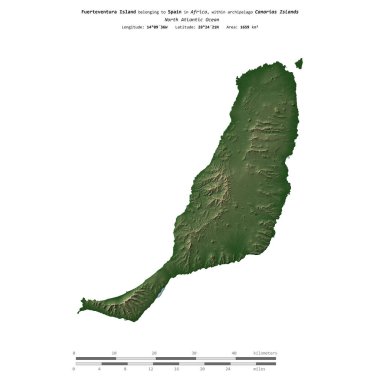 İspanya 'ya ait Kuzey Atlantik Okyanusu' ndaki Fuerteventura Adası, uzaklık ölçeğine sahip renkli bir yükseklik haritasında izole edilmiştir.
