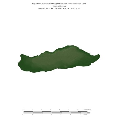 Filipinler 'e ait olan Güney Çin Denizi' ndeki Fuga Adası, uzaklık ölçeğinde, renkli bir yükseklik haritasında izole edilmiştir.