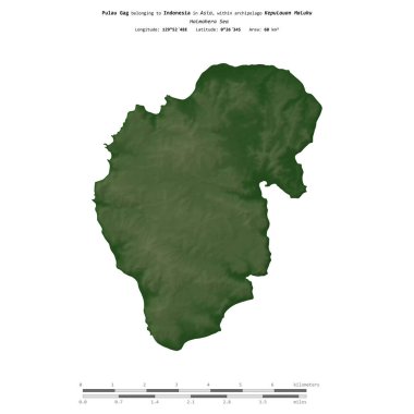 Endonezya 'ya ait Halmahera Denizi' ndeki Pulau Gag, uzaklık ölçeğine sahip renkli bir yükseklik haritasında izole edilmiştir.