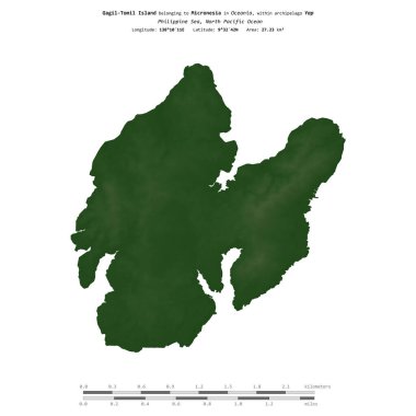 Filipin Denizi 'ndeki Gagil-Tomil Adası, Mikronezya' ya ait, uzaklık ölçeğinde, renkli bir yükseklik haritasında izole edilmiş.