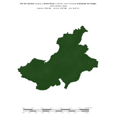 Kuzey Atlantik Okyanusu 'ndaki Ilha das Galinhas, Gine-Bissau' ya ait, renkli bir yükseklik haritasında izole edilmiş,