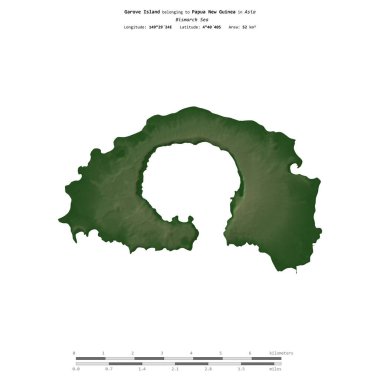 Bismarck Denizi 'ndeki Garove Adası, Papua Yeni Gine' ye ait, uzaklık ölçeğinde, renkli bir yükseklik haritasında izole edilmiş.