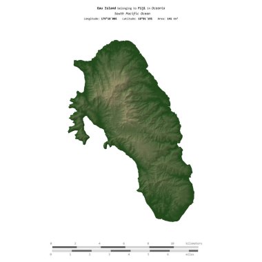 Güney Pasifik Okyanusu 'ndaki Gau Adası, Fiji' ye ait, uzaklık ölçeğinde, renkli bir yükseklik haritasında izole edilmiştir.