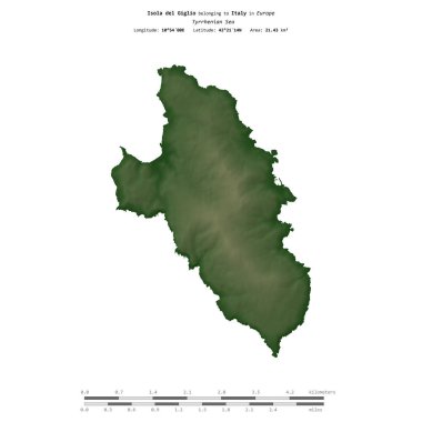 İtalya 'ya ait Tyrrhenian Denizi' nde bulunan Isola del Giglio, uzaklık ölçeğine sahip renkli bir yükseklik haritasında izole edilmiştir.