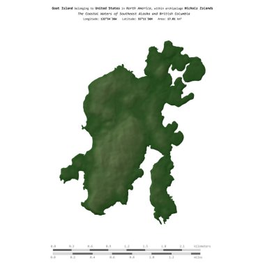 Güneydoğu Alaska ve Britanya Kolumbiyası 'nın Kıyı Suları' ndaki Keçi Adası, Amerika Birleşik Devletleri 'ne ait, renkli bir yükseklik haritasında izole edilmiş,