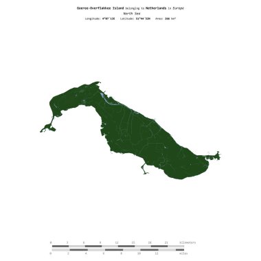 Kuzey Denizi 'ndeki Goeree-Overflakkee Adası, Hollanda' ya ait, uzaklık ölçeğine sahip renkli bir yükseklik haritasında izole edilmiş.