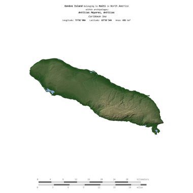 Karayip Denizi 'ndeki Gonave Adası, Haiti' ye ait, uzaklık ölçeğinde, renkli bir yükseklik haritasında izole edilmiş.