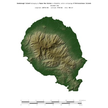 Solomon Denizi 'ndeki Goodenough Adası, Papua Yeni Gine' ye ait, uzaklık ölçeğinde, renkli bir yükseklik haritasında izole edilmiş.