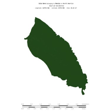 Kaliforniya Körfezi 'ndeki Gore Adası, Meksika' ya ait, uzaklık ölçeğinde, renkli bir yükseklik haritasında izole edilmiş.