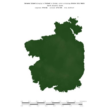 Kuzey Atlantik Okyanusu 'ndaki Gorumna Adası, uzaklık ölçeğinde, renkli bir yükseklik haritasında izole edilmiştir.