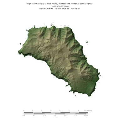 Saint Helena, Ascension ve Tristan da Cunha 'ya ait olan Güney Atlantik Okyanusu' ndaki Gough Adası, renkli bir yükseklik haritasında izole edilmiştir.