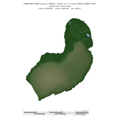 Barents Denizi 'ndeki Graham Bell Adası, Rusya' ya ait, uzaklık ölçeğinde, renkli bir yükseklik haritasında izole edilmiş.