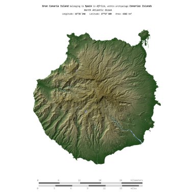 İspanya 'ya ait Kuzey Atlantik Okyanusu' ndaki Gran Kanarya Adası, uzaklık ölçeğine sahip renkli bir yükseklik haritası üzerinde izole edilmiştir.