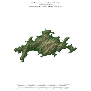 Brezilya 'ya ait olan Güney Atlantik Okyanusu' ndaki Ilha Grande, uzaklık ölçeğinde, renkli bir yükseklik haritasında izole edilmiştir.