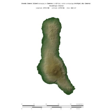 Mozambik Kanalı 'ndaki Grande Comore Adası, Comoros' a ait, uzaklık ölçeğinde, renkli bir yükseklik haritasında izole edilmiş.