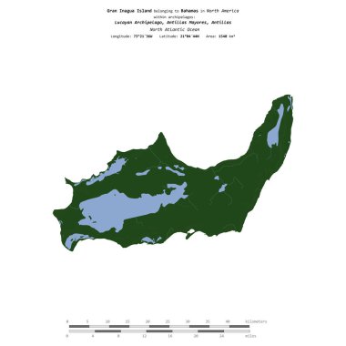 Bahamalar 'a ait Kuzey Atlantik Okyanusu' ndaki Gran Inagua Adası, uzaklık ölçeğine sahip renkli bir yükseklik haritasında izole edilmiştir.