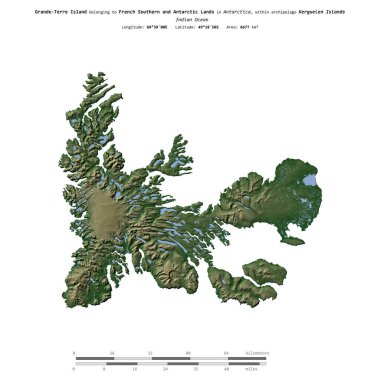 Hint Okyanusu 'ndaki Büyük Terre Adası. Fransız Güney ve Antarktika topraklarına ait. Renkli bir yükseklik haritasında izole edilmiş.