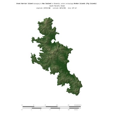 Güney Pasifik Okyanusu 'ndaki Büyük Bariyer Adası, Yeni Zelanda' ya ait, renkli bir yükseklik haritasında izole edilmiş, mesafe ölçeğinde.