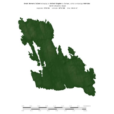 Kuzey Atlantik Okyanusu 'ndaki Büyük Bernera Adası, Birleşik Krallık' a ait, renkli bir yükseklik haritasında izole edilmiş, uzaklık ölçeğinde