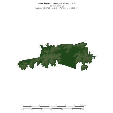 Doğu Çin Denizi 'ndeki daha büyük Changtu Adası, Çin' e ait, renkli bir yükseklik haritasında izole edilmiş, uzaklık ölçeğinde.