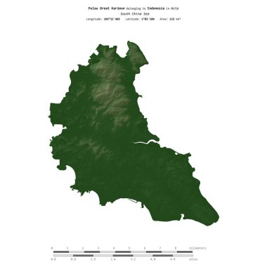 Güney Çin Denizi 'ndeki Pulau Büyük Karimun, Endonezya' ya ait, uzaklık ölçeğinde, renkli bir yükseklik haritasında izole edilmiş.