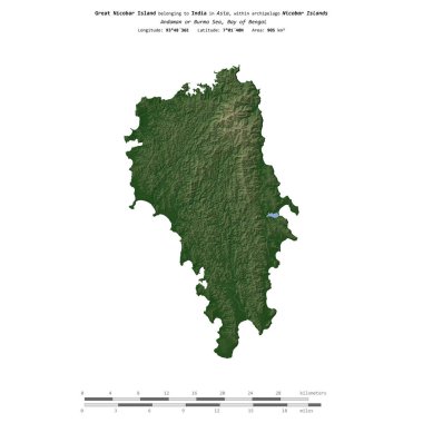 Bengal Körfezi 'ndeki Great Nicobar Adası, Hindistan' a ait, renkli bir yükseklik haritasında izole edilmiş, mesafe ölçeğinde.