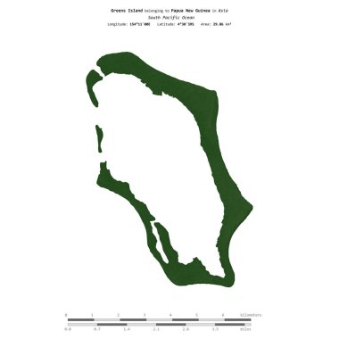 Güney Pasifik Okyanusu 'ndaki yeşil ada, Papua Yeni Gine' ye ait, uzaklık ölçeğinde, renkli bir yükseklik haritasında izole edilmiş.