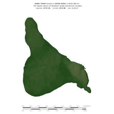Güneydoğu Alaska ve Britanya Kolumbiyası 'nın Sahil Suları' ndaki Guemes Adası, Amerika Birleşik Devletleri 'ne ait renkli bir yükseklik haritasında izole edilmiştir.