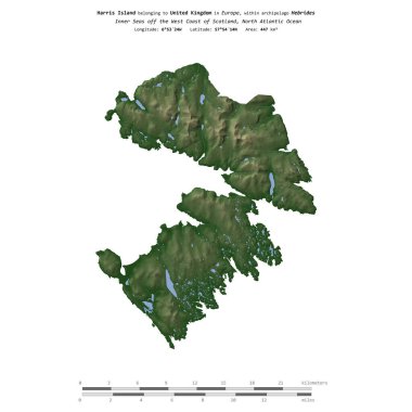 Birleşik Krallık 'a ait Kuzey Atlantik Okyanusu' ndaki Harris Adası, uzaklık ölçeğinde, renkli bir yükseklik haritasında izole edilmiştir.