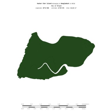 Bengal Körfezi 'ndeki Hasher Char Adası, Bangladeş' e ait, uzaklık ölçeğinde, renkli bir yükseklik haritasında izole edilmiş.