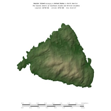 Güneydoğu Alaska ve Britanya Kolumbiyası 'nın Sahil Suları' ndaki Hassler Adası, Amerika Birleşik Devletleri 'ne ait, renkli bir yükseklik haritasında izole edilmiş,