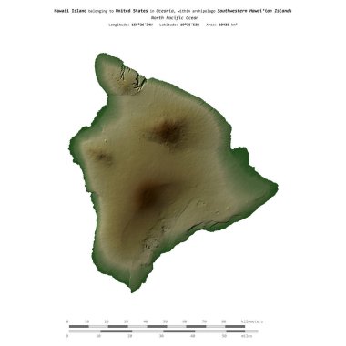 Amerika Birleşik Devletleri 'ne ait Kuzey Pasifik Okyanusu' ndaki Hawaii Adası, uzaklık ölçeğine sahip renkli bir yükseklik haritası üzerinde izole edilmiştir.