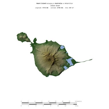 Avustralya 'ya ait Hint Okyanusu' ndaki Heard Adası, uzaklık ölçeğinde, renkli bir yükseklik haritasında izole edilmiştir.