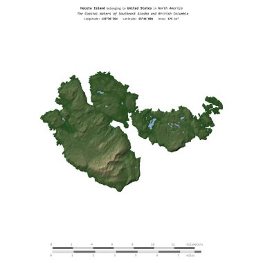 Güneydoğu Alaska ve Britanya Kolumbiyası 'nın Sahil Suları' ndaki Heceta Adası, Amerika Birleşik Devletleri 'ne ait, renkli bir yükseklik haritasında izole edilmiş, mesafe ölçeğinde.
