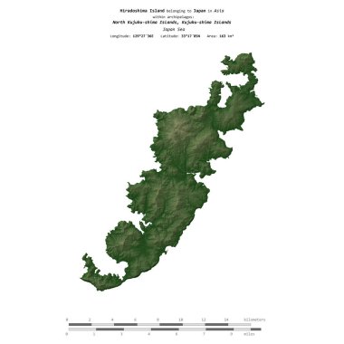 Japonya Denizi 'ndeki Hiradoshima Adası, uzaklık ölçeğinde, renkli bir yükseklik haritasında izole edilmiştir.