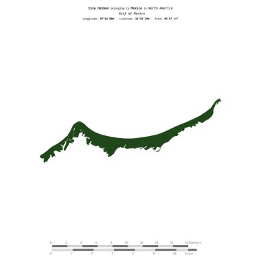 Meksika Körfezi 'ndeki Holbox adası, Meksika' ya ait, uzaklık ölçeğinde, renkli bir yükseklik haritasında izole edilmiş.