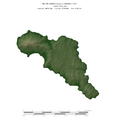 Vietnam 'a ait olan Güney Çin Denizi' ndeki Hon Lon Adası, uzaklık ölçeğinde, renkli bir yükseklik haritasında izole edilmiştir.