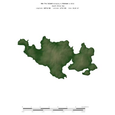 Vietnam 'a ait olan Güney Çin Denizi' ndeki Hon Tre Adası, uzaklık ölçeğinde, renkli bir yükseklik haritasında izole edilmiştir.