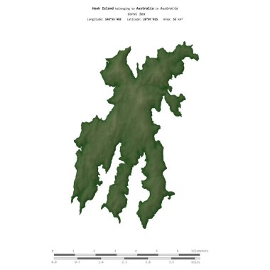 Avustralya 'ya ait Mercan Denizi' ndeki Kanca Adası, uzaklık ölçeğine sahip renkli bir yükseklik haritasında izole edilmiştir.