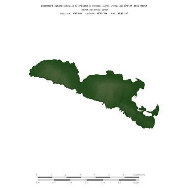 İrlanda 'ya ait Kuzey Atlantik Okyanusu' ndaki Inishmore Adası, uzaklık ölçeğine sahip renkli bir yükseklik haritasında izole edilmiştir.