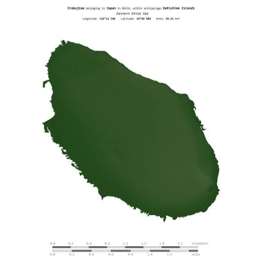 Japonya 'ya ait Doğu Çin Denizi' nde Irabujima, uzaklık ölçeğinde, renkli bir yükseklik haritasında izole edilmiştir.