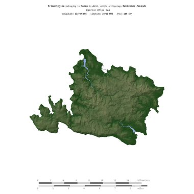 Japonya 'ya ait Doğu Çin Denizi' ndeki Iriomotejima, uzaklık ölçeğinde, renkli bir yükseklik haritasında izole edilmiştir.